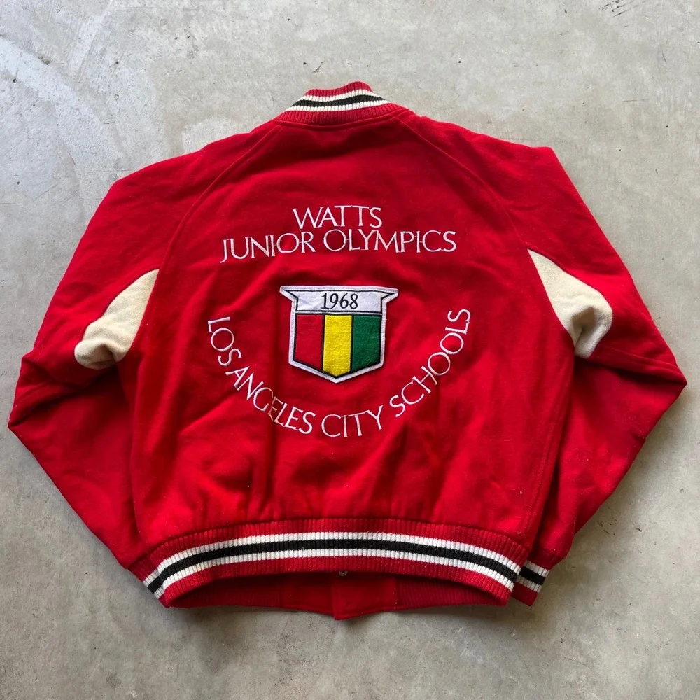 Vintage 1968 Watts Junior Olympics Varsity Jacket Red Wool Los Angeles Mens L
